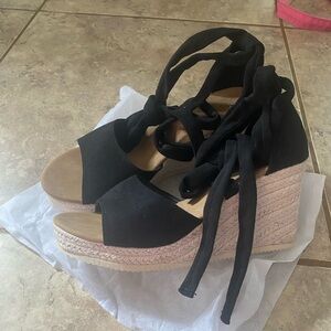 Black Sandals Tie Leg Design Espadrille Strappy Wedge Sandals